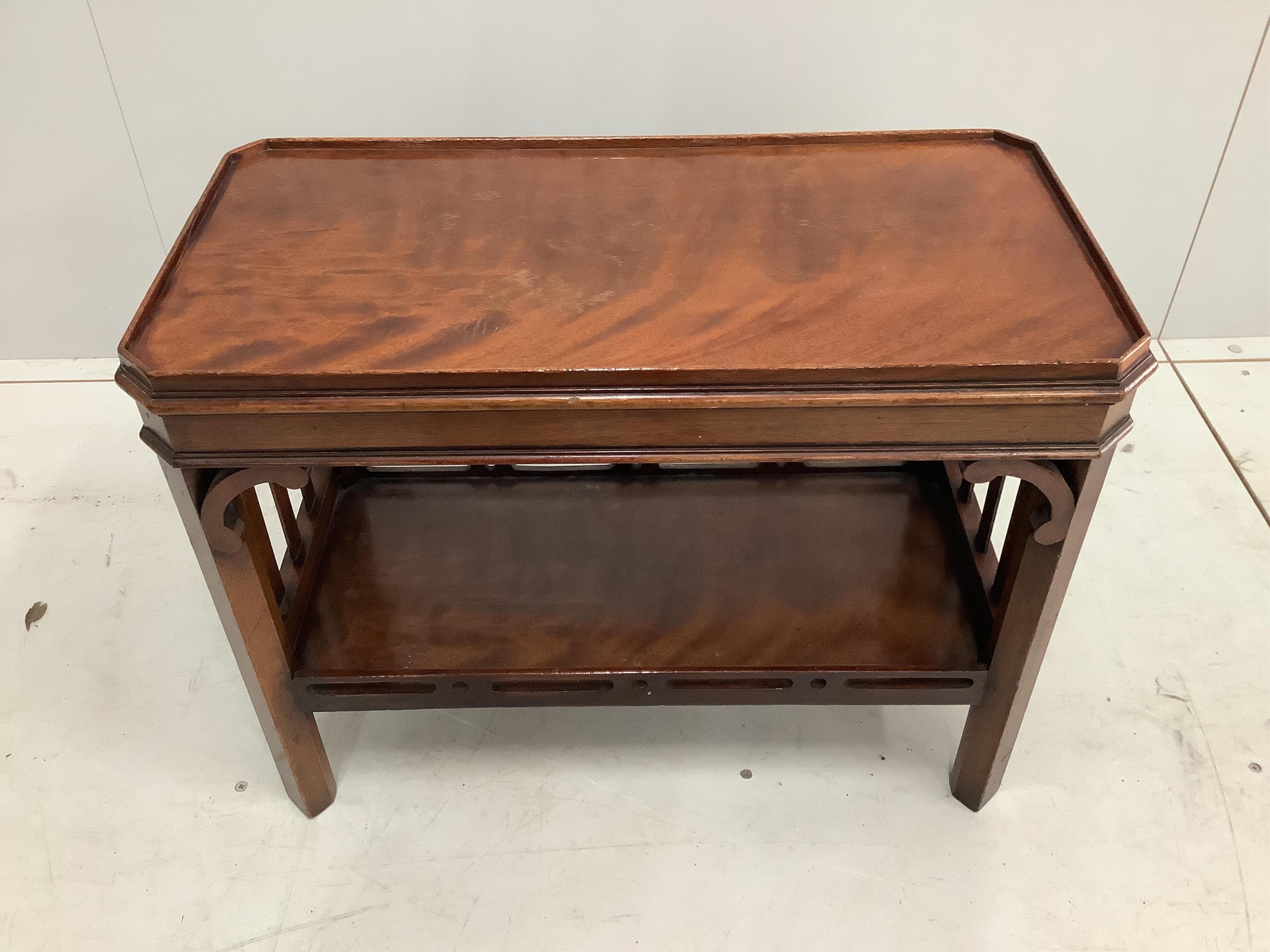 Three (two plus one) reproduction George III style mahogany occasional tables, largest width 52cm, depth 43cm, height 54cm. Condition - fair